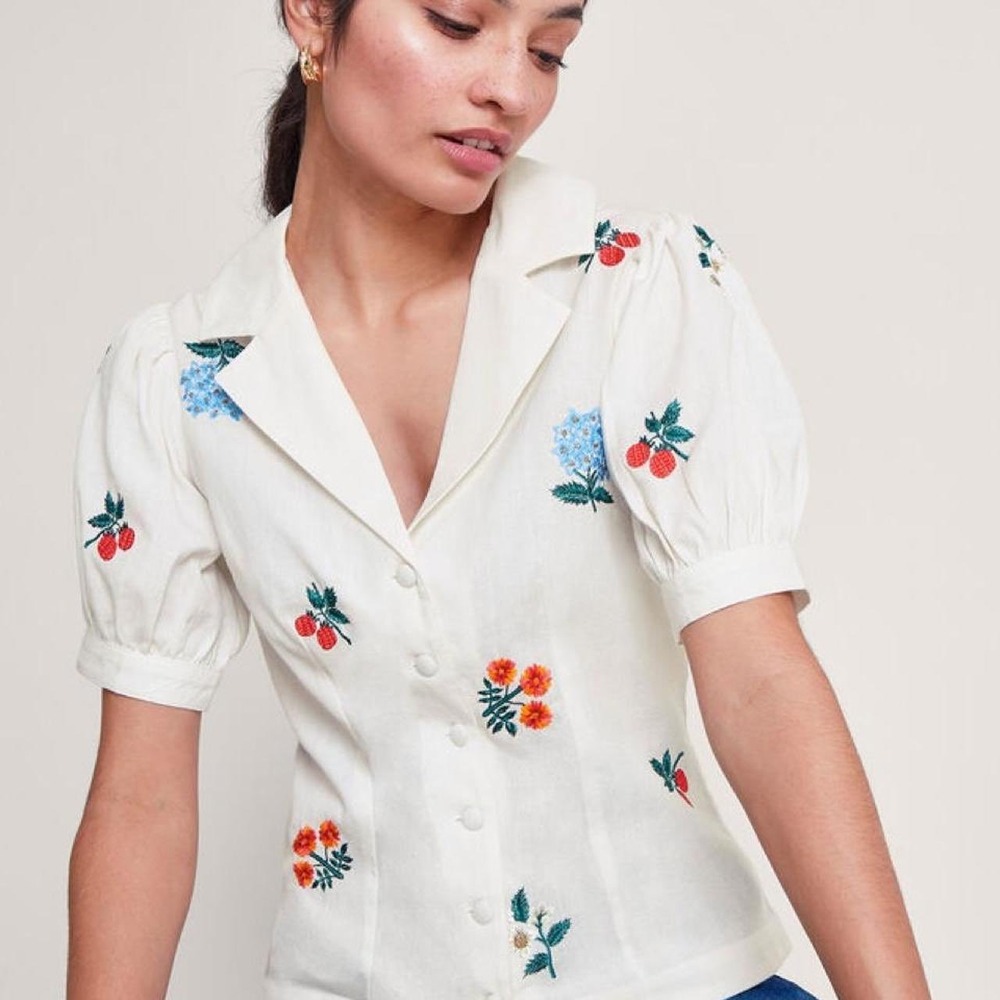 Monsoon Piera Cotton Linen Embroidered Floral Puff Sleeve Blouse